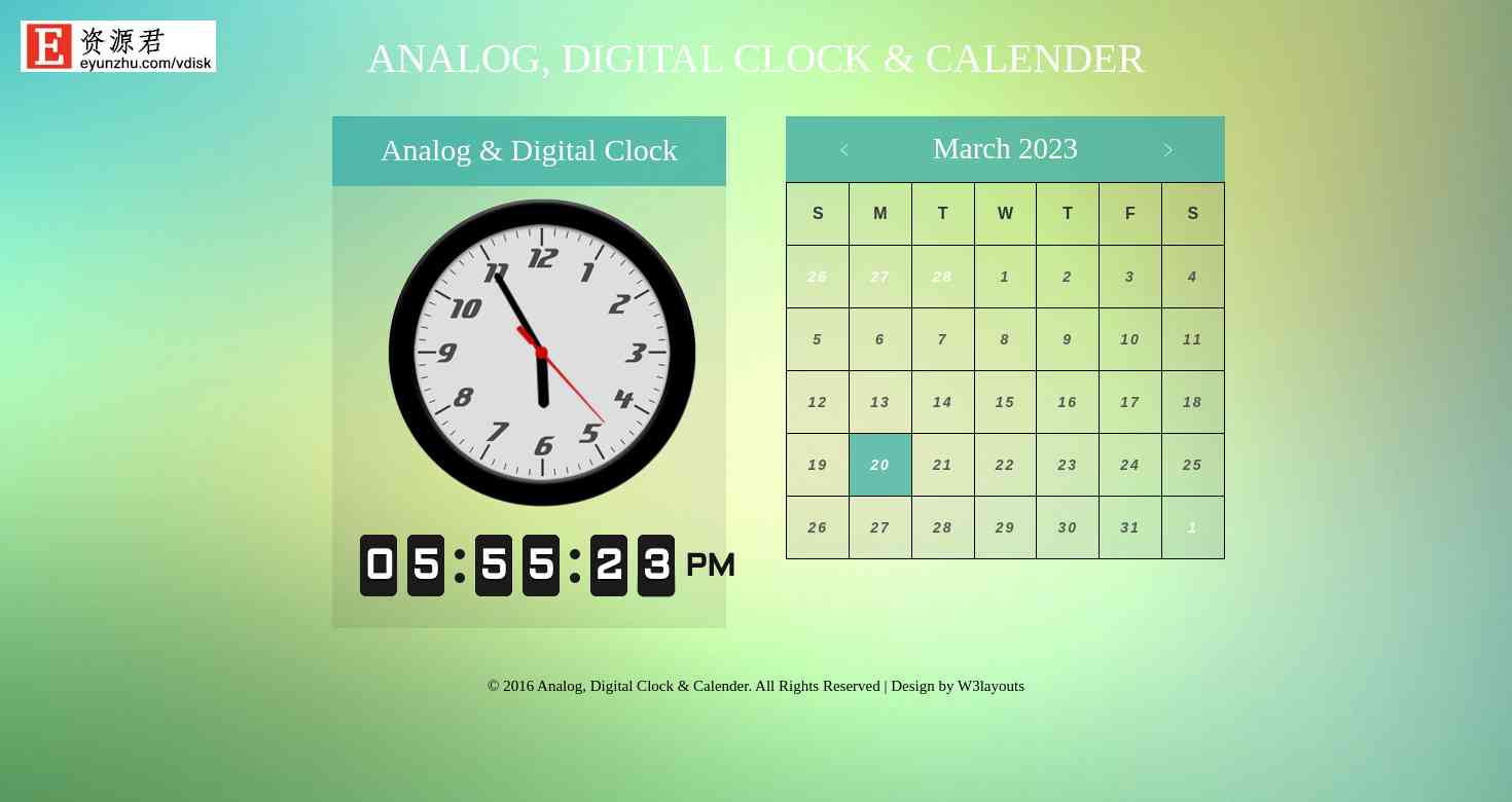 数字模拟时钟日历网页模板