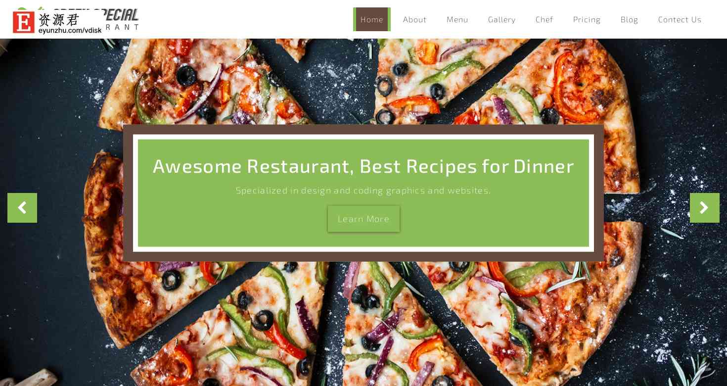 绿色特色披萨餐厅响应式网页模板 Bootstrap4