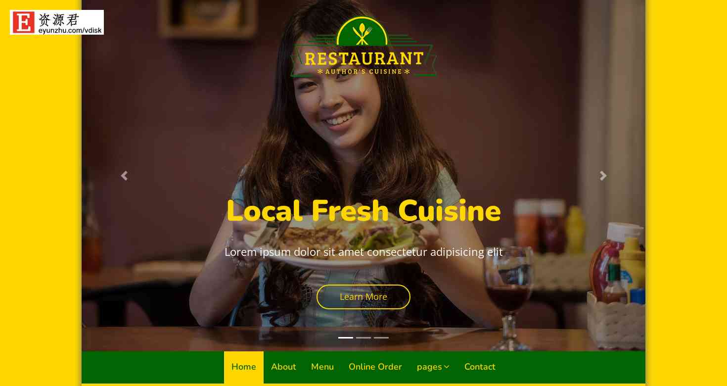 黄色餐厅美食预订网页模板 Bootstrap4